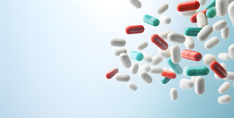 Explosion of colorful pills and capsules in motion background