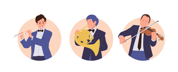 Orchestra man classical musicians cartoon characters performing with music instruments round icon