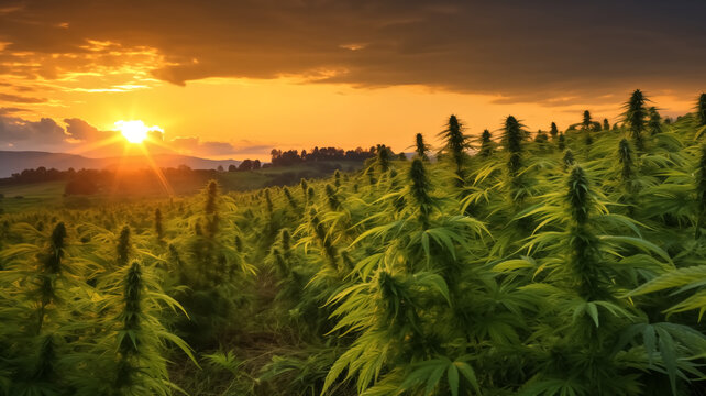 Cannabis field at sunset with vibrant golden light. Agricultural cultivation and hemp farming concept for design and print