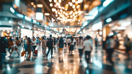 Abstract blurred photo of many people shopping inside department store or modern  shopping mall. Urban lifestyle and black Friday shopping, motion, speed, blurred, group, city, modern - obrazy, fototapety, plakaty