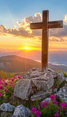 Resurrection symbol  empty tomb stone with cross in meadow at sunrise, concept of good friday