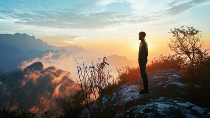 business male stand and feel happy on the most hight on the mountain, hiking, success, cliff, peak, business, success, successful, goal, victory, achievement, motivation, - obrazy, fototapety, plakaty