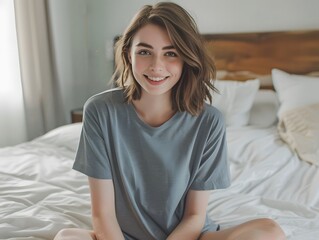 Naklejka premium t-shirt in the color gray, Blondine is wearing, which is a product mockup. she is casual shorts, sitting on a bed
