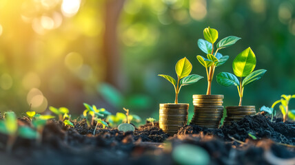 Young plants growing on stacked coins in soil. Financial growth and investment savings concept. Eco-friendly business and sustainable development theme - obrazy, fototapety, plakaty