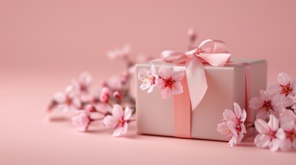present gift box with tiny pale pink satin ribbon decorated with blooming sakura flowers on pale pink background, birthday, decorative, white, surprise, beautiful, wedding - obrazy, fototapety, plakaty