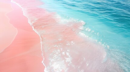 Fototapeta premium Top view of amazing pastel pink blue beach , copy space available, beautiful beach with pink water and pink sand, summer, water
