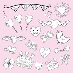 Love set. Cartoon illustrations with heart elements. Black and white on rose background