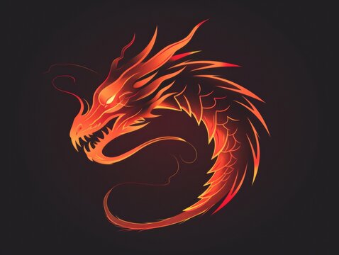 A red and orange dragon head on a black background. A magical creature made of fire.