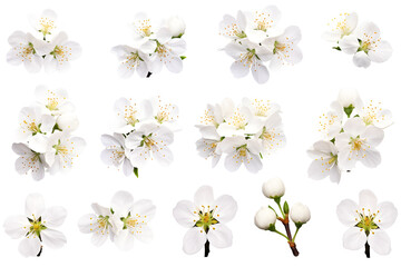 Collection of white cherry bloom flowers isolated on white