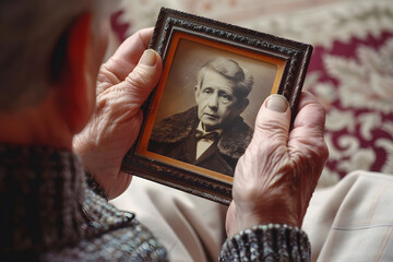 An elderly man holding a photo frame. Happy memories concept. - obrazy, fototapety, plakaty
