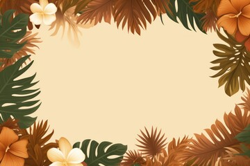 Fototapeta na wymiar Tropical plants frame background with coral blank space for text on coral background, top view. Flat lay style. ,copy Space