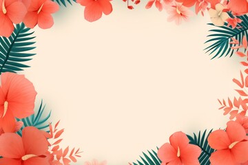Tropical plants frame background with coral blank space for text on coral background, top view. Flat lay style. ,copy Space
