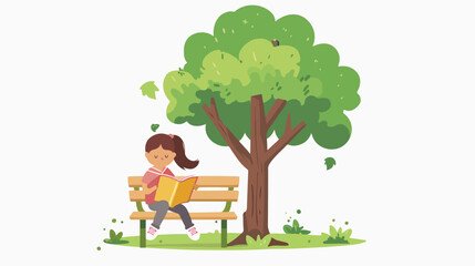 Little girl kid reading a book sitting on a bench 
