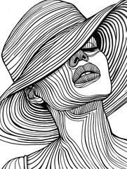 Black and white lines portrait of  a fashion women with hat