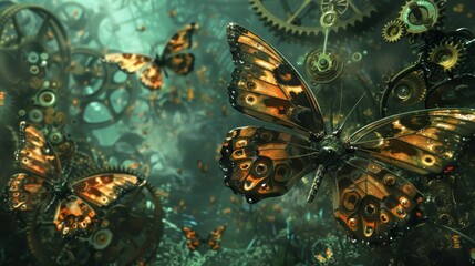 Clockwork butterflies fluttering in a garden of springs and cogs, mechanical metamorphosis