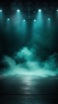 Teal stage background, teal spotlight light effects, dark atmosphere, smoke and mist, simple stage background, stage lighting, spotlights,
