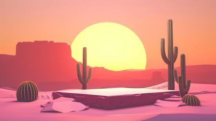 Desert sunset with a sandstone podium, cacti silhouettes nearby, for adventure gear display - obrazy, fototapety, plakaty