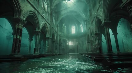 Drowned cathedral with bell sounds underwater, aquatic hymns, submerged faith - obrazy, fototapety, plakaty