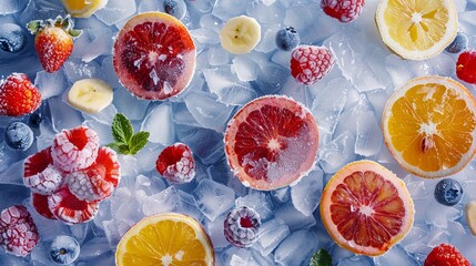 Frozen fruit delight: vibrant slices on chilled surface - refreshing background for summer concepts