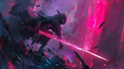 Futuristic knight battling shadow beasts, neon blade clashing, cybermedieval epic