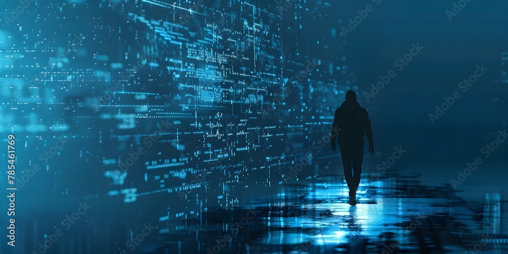 Poster hacker tracing digital footprints in stealthy shadow of the cybersecurity landscape