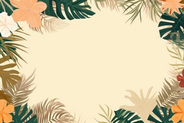 Fototapeta na wymiar Tropical plants frame background with beige blank space for text on beige background, top view. Flat lay style. ,copy Space flat design vector illustration