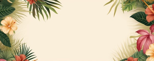 Tropical plants frame background with beige blank space for text on beige background, top view. Flat lay style. ,copy Space flat design vector illustration