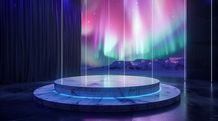Illuminated onyx podium under the Northern Lights, for aweinspiring premium product reveals