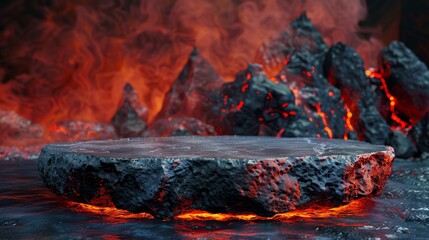 Lava rock podium with a background of erupting volcanoes, for powerful and dynamic merchandise