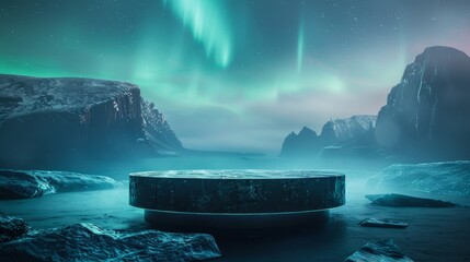 Illuminated onyx podium under the Northern Lights, for aweinspiring premium product reveals - obrazy, fototapety, plakaty