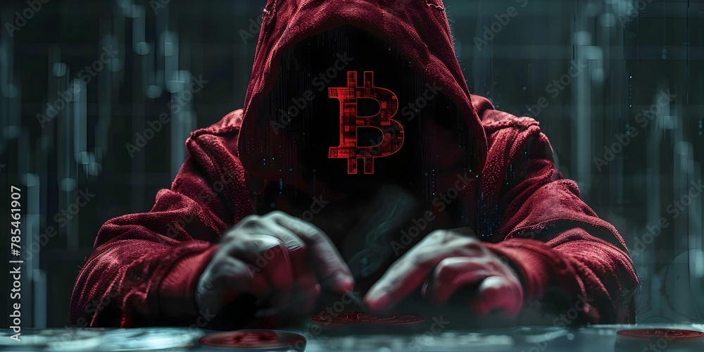 Poster hooded hacker stealing cryptocurrency from blockchain network in the dark