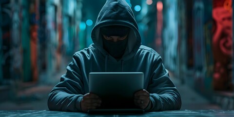 Fototapeta premium Hacker in Hooded Jacket Secretly Smuggling Information Across Borders in Shadowy Urban Alleyway at Night