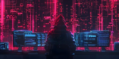 Hacker Accessing Secure Database in Futuristic Cybersecurity Landscape