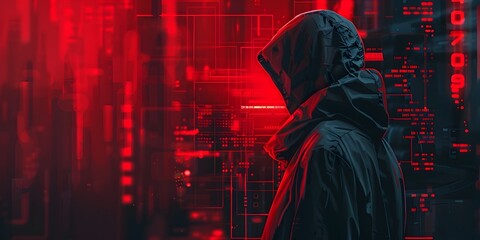 Hooded Hacker Accessing Witness Protection Database with Ominous Red Neon Backdrop