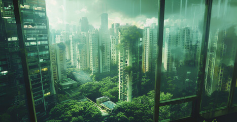 Metropolis of sentient buildings with window eyes, urban organisms