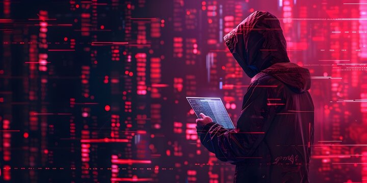 Lone hacker character leaking classified documents in a mysterious neon lit city with copy space