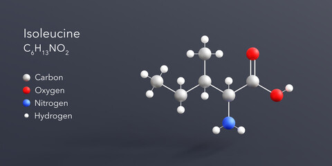 isoleucine molecule 3d rendering, flat molecular structure with chemical formula and atoms color coding