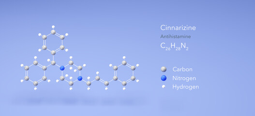 cinnarizine molecule, molecular structures, antihistamine, 3d model, Structural Chemical Formula and Atoms with Color Coding