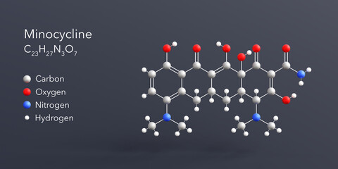 minocycline molecule 3d rendering, flat molecular structure with chemical formula and atoms color coding