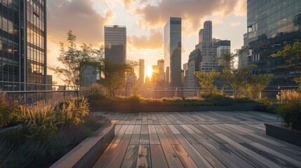 Rooftop garden podium surrounded by skyscrapers at sunset, for cosmopolitan and chic brands - obrazy, fototapety, plakaty