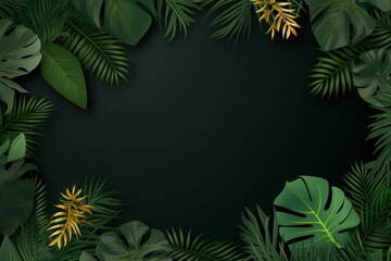 Tropical plants frame background with black blank space for text on black background, top view. Flat lay style. ,copy Space flat design vector illustration