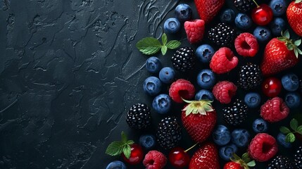 Colorful assortment of berries: vibrant mix of strawberries, blueberries, raspberries,...
