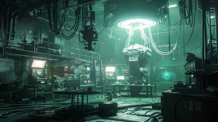 Biomechanical entity in a dystopian lab, eerie glow of life emerging, scifi horror - obrazy, fototapety, plakaty