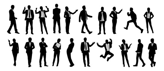 Silhouettes of diverse business people standing, walking, men, women full length, running, pointing. Business concept. Vector black monochrome illustrations on transparent background.