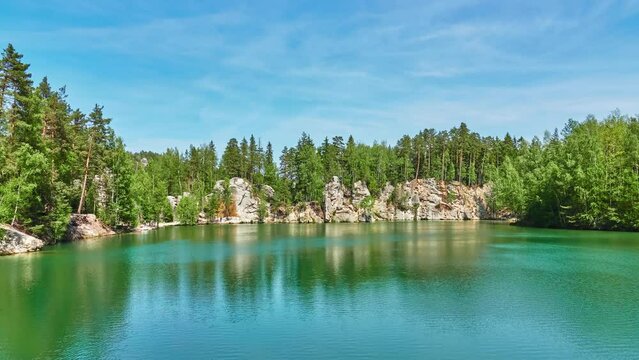 Adrspach Pond. Adrspach-Teplice Rocks are an unusual set of sandstone formations in northeastern Bohemia, Czech Republic. They are named after two municipalities: Adrspach, and Teplice nad Metuji.