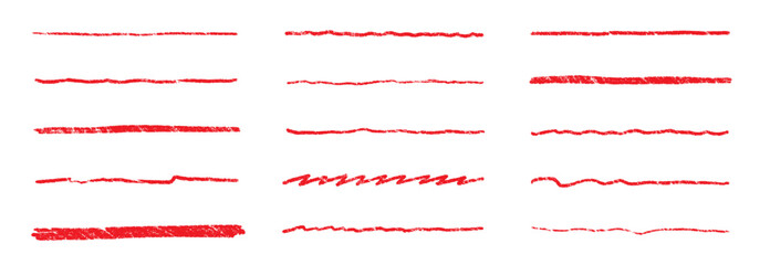 Line underline red crayon brush pencil pen marker paint stroke. Line red brush crayon highlight underline strike color through drawn strikethrough handwritten emphasis squiggle vector swoosh under - obrazy, fototapety, plakaty