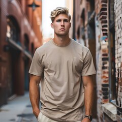 Male model with blonde hair wearing a pebble brown   t-shirt mockup 