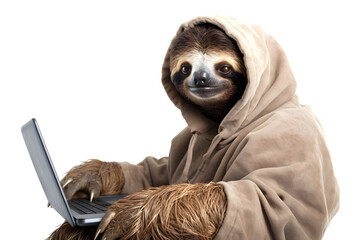 Obraz premium Relaxed Sloth Using Laptop isolated on white background