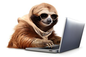 Fototapeta premium Relaxed Sloth Using Laptop isolated on white background