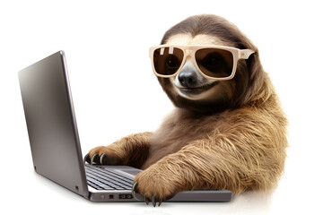 Fototapeta premium Relaxed Sloth Using Laptop isolated on white background